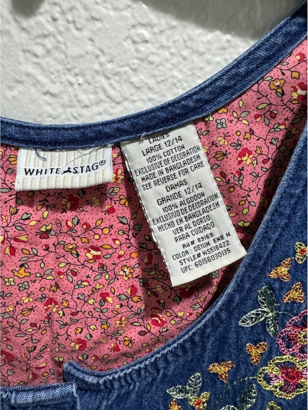 Vintage 90s White Stag Embroidered Denim Midi Dress Button Front Cottagecore L - Picture 4 of 8